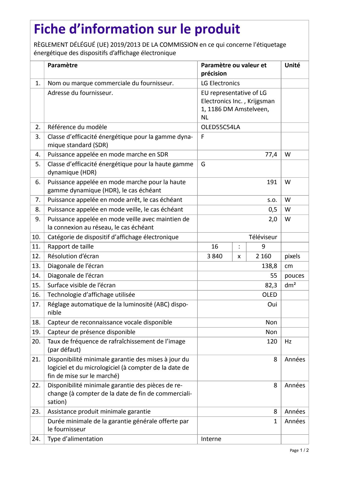 Fiche UE OLED55C54LA