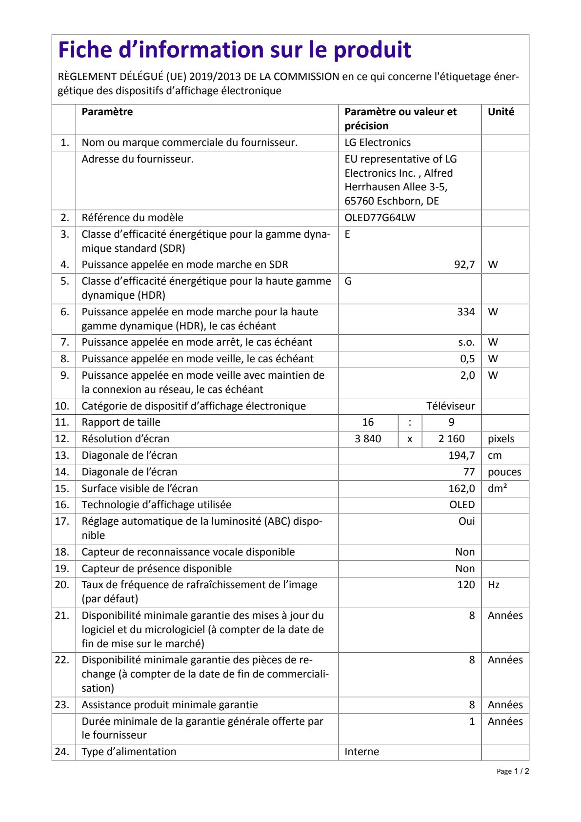 Fiche UE OLED77G64LW
