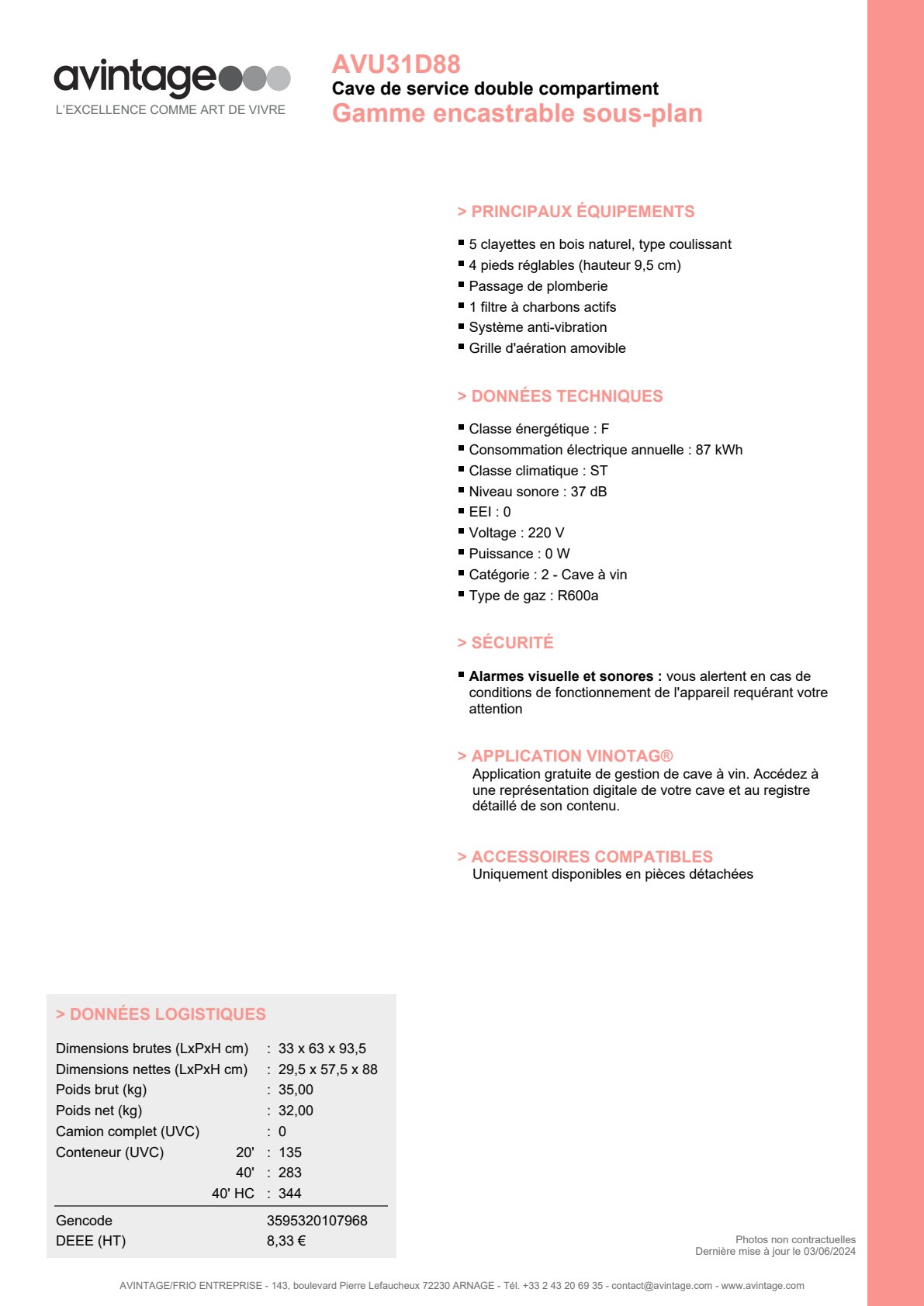 Fiche fabricant AVU31D88