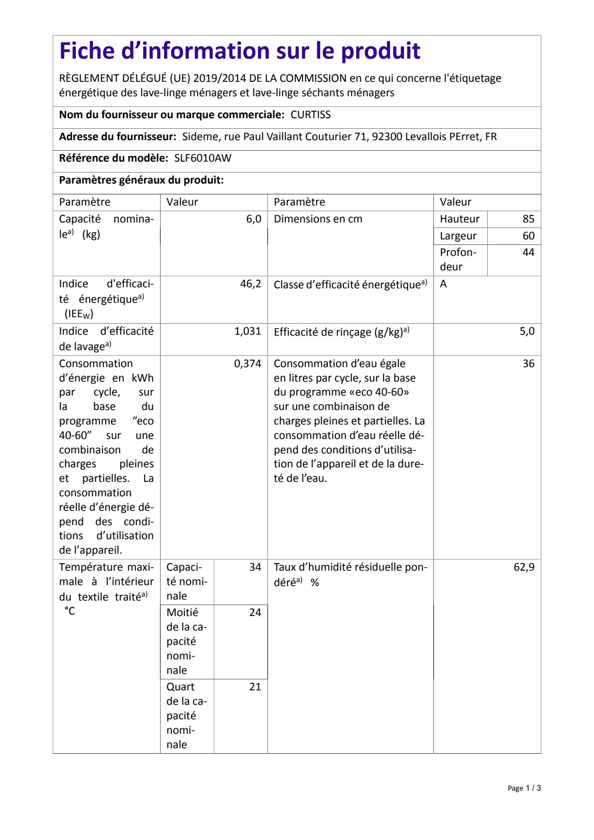 Fiche UE SLF6010AW