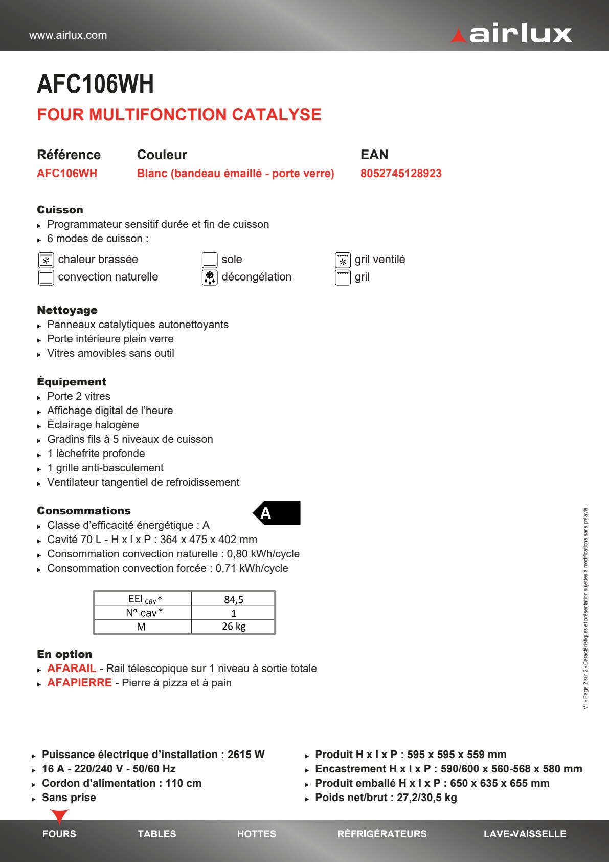 Fiche fabricant AFC 106 WH